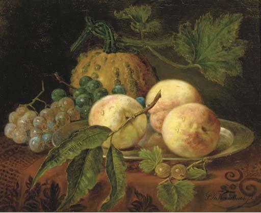 Sebastiaan Theodorus Voorn Boers - Peaches, grapes and a pumpkin on a table