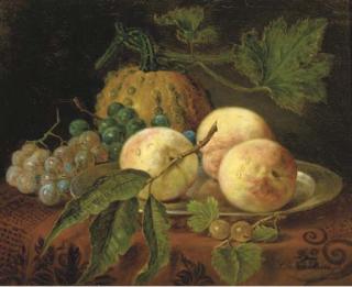 Sebastiaan Theodorus Voorn Boers - Peaches, grapes and a pumpkin on a table