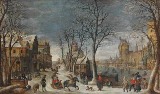 Sebastiaan Vrancx - An Allegory Of Winter: A Winter Landscape With Townsfolk, Masked Gentlemen In Horse-Drawn Sledges And Skaters On A Canal Outside The City Walls Of Antwerp