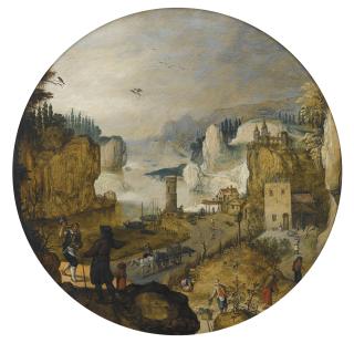 Sebastiaan Vrancx - Autumn: A Mountainous River Landscape With A Cooper Conversing With An Elegantly-Dressed Gentleman In The Foreground, Figures Harvesting Grapes, A Tower And Castle Beyond