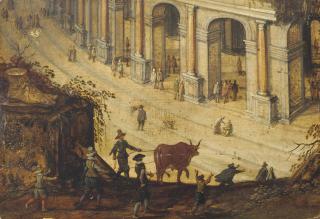 Sebastiaen Vrancx - A drover leading a bull on a path, with elegant figures under the arcades of a classical building beyond: a fragment
