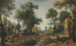 Sebastiaen Vrancx - A Village Landscape With Travelers In A Horse-Drawn Carriage On A Path