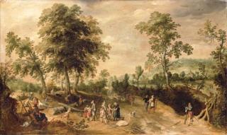 Sebastiaen Vrancx - A wooded landscape with soldiers resting and playing dice next to a track