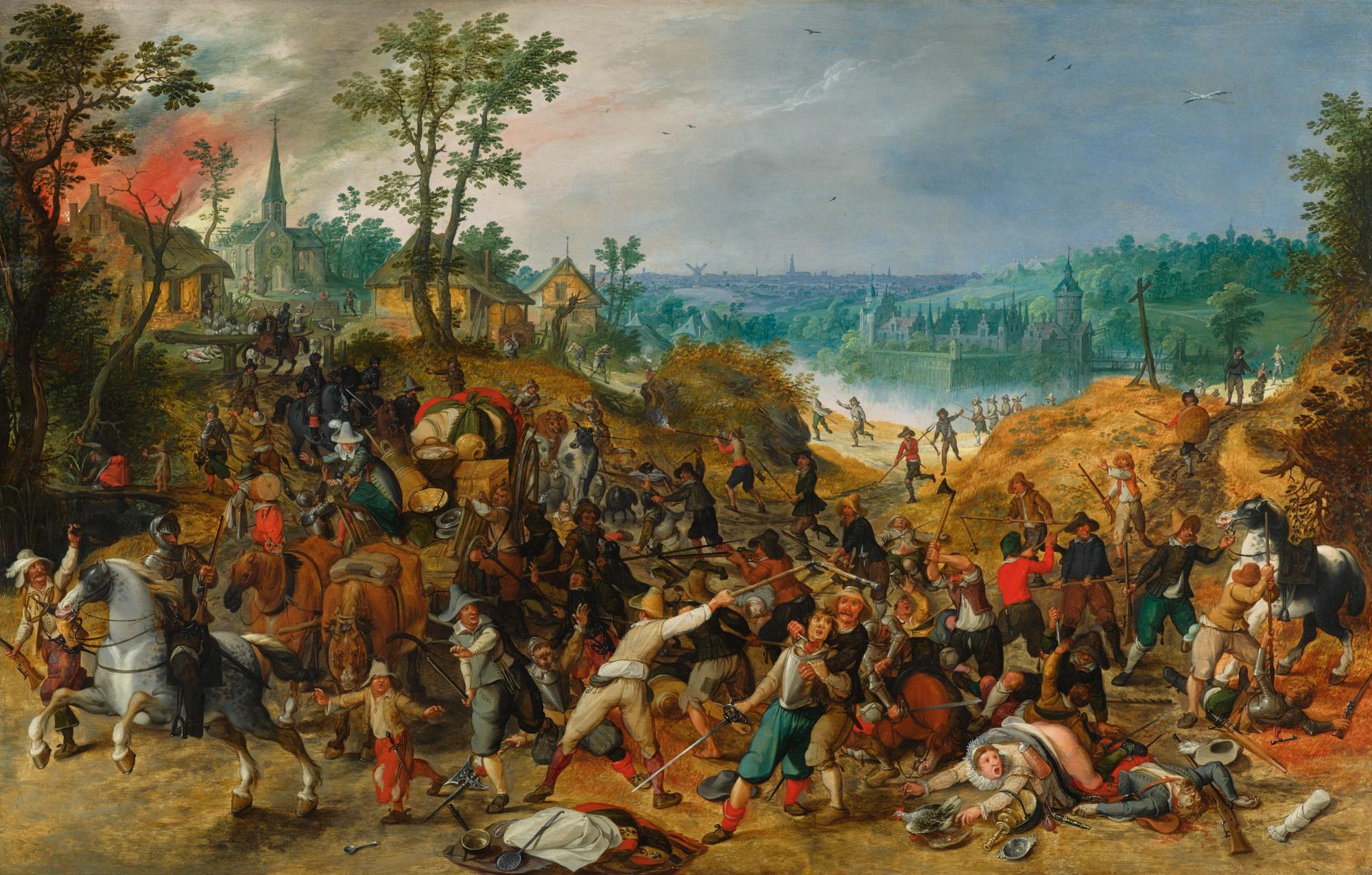 Sebastiaen Vrancx - An Extensive Landscape With Marauders Hijacking Wagon, A Moated Castle And The City Of Antwerp Beyond