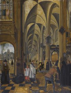 Sebastiaen Vrancx - Church Interior, With Figures Performing The Work Of Charity, Burying The Dead