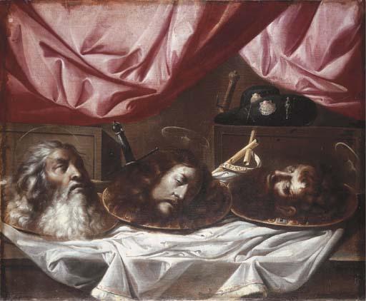 Sebastián De Llanos Valdés - The heads of Saints Paul, John the Baptist and James the Great on platters on a draped ledge