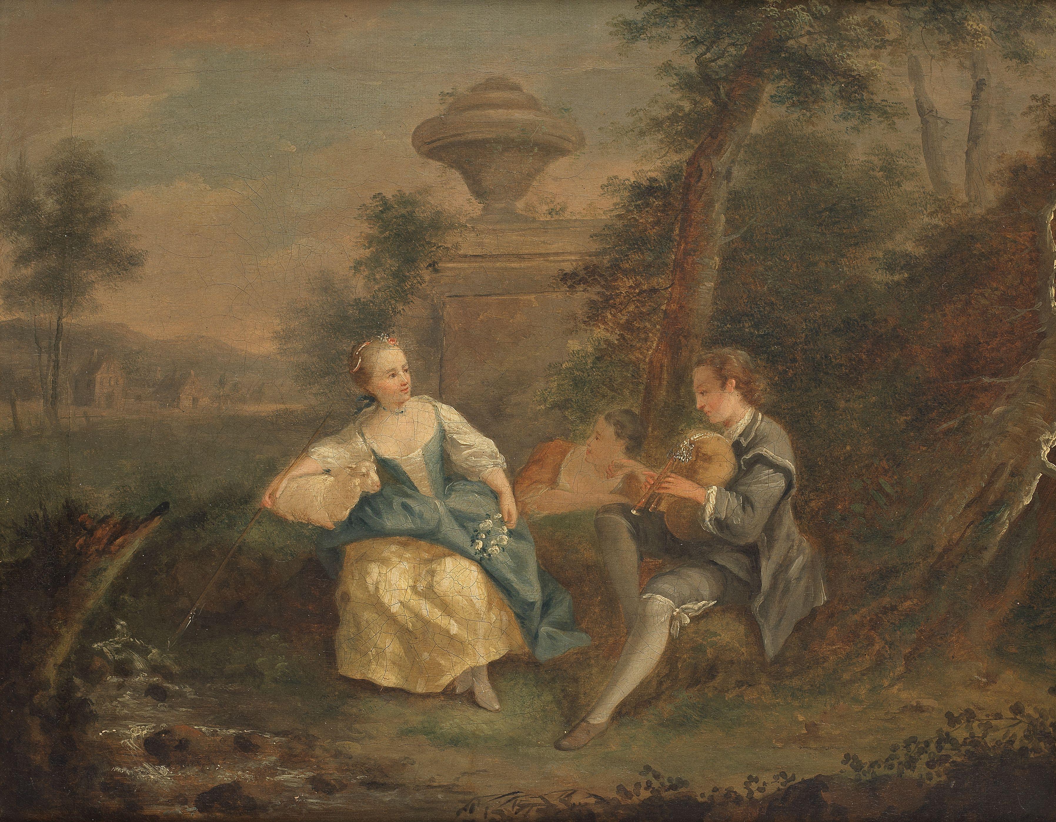Sebastian-Jacques Leclerc - Elegant figures making music in a landscape; and Elegant figures resting in a landscape (2)
