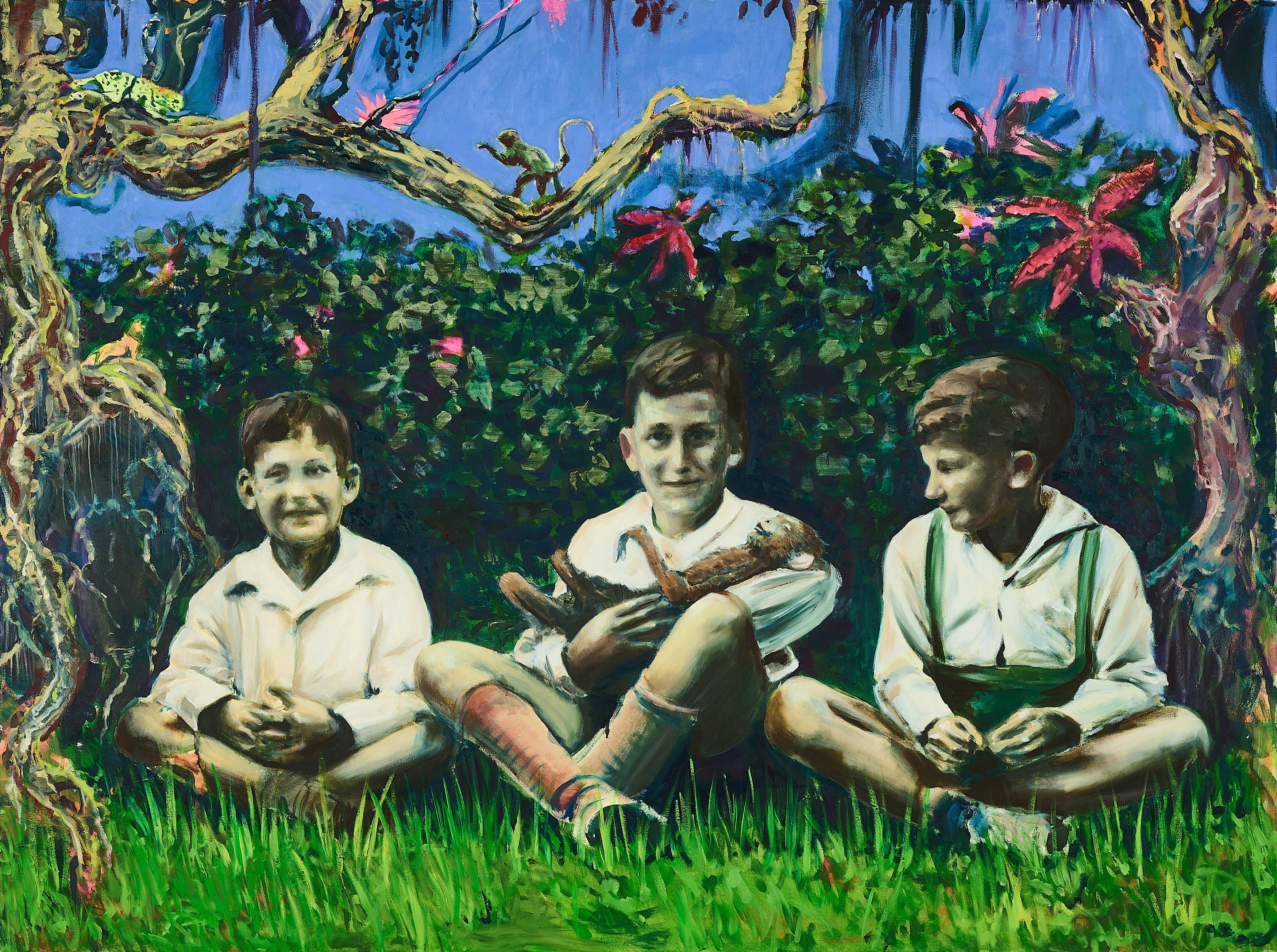 Sebastian Meschenmoser - Drei Jungen mit Affenbaby.