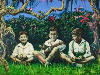 Sebastian Meschenmoser - Drei Jungen mit Affenbaby.