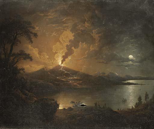 Sebastian Pether - A coastal landscape with a volcano erupting by moonlight