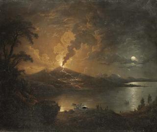 Sebastian Pether - A coastal landscape with a volcano erupting by moonlight