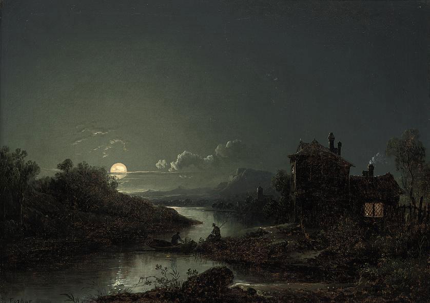 Sebastian Pether - A moonlit river landscape with figures fishing and a cottage on the shore