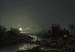 Sebastian Pether - A moonlit river landscape with figures fishing and a cottage on the shore