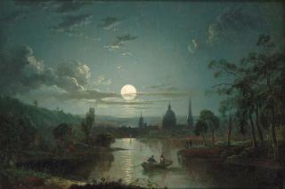 Sebastian Pether - A moonlit river landscape with figures in a boat, a city beyond