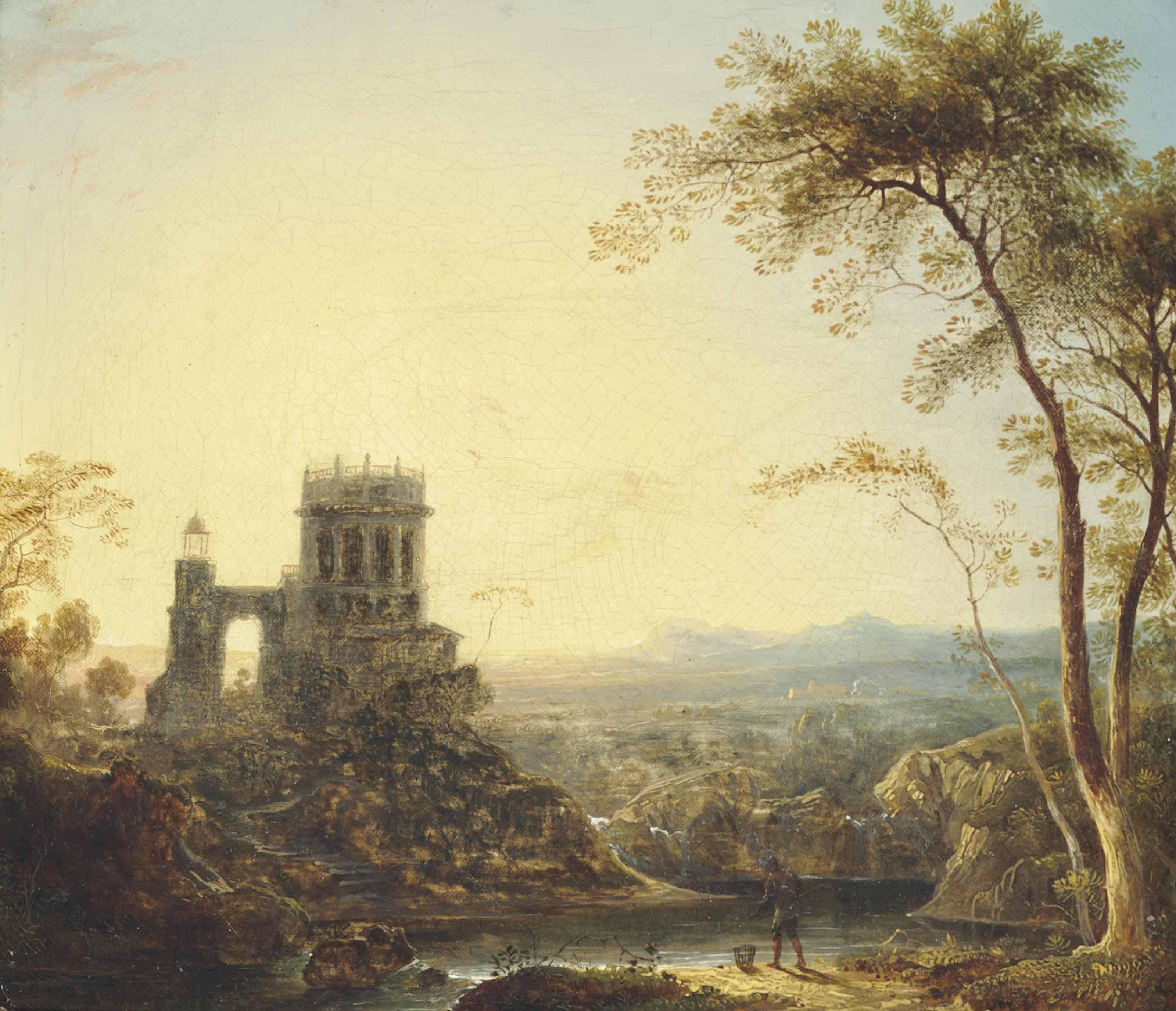 Sebastian Pether - An extensive river landscape with a fisherman by the shore, before a tower