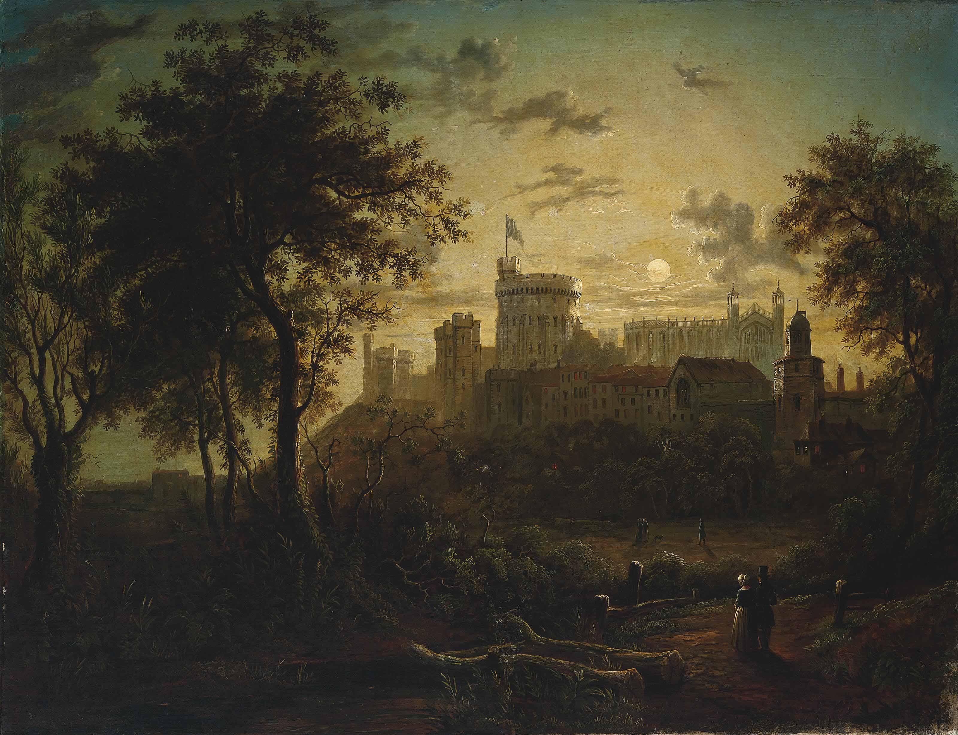 Sebastian Pether - Figures before Windsor Castle, by moonlight