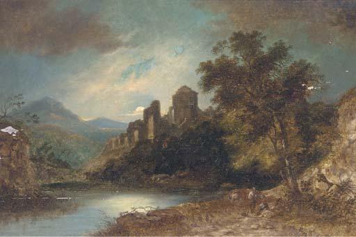 Sebastian Pether - Travellers on a track, a ruined castle beyond