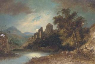 Sebastian Pether - Travellers on a track, a ruined castle beyond