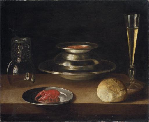 Sebastian Stoskopff - Bread, A Carafe Of Wine, An Upturned Roemer And A Crayfish On A Plate With A Bowl Of Soup And Glass Of Wine