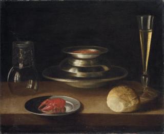 Sebastian Stoskopff - Bread, A Carafe Of Wine, An Upturned Roemer And A Crayfish On A Plate With A Bowl Of Soup And Glass Of Wine
