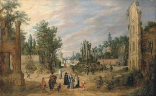 Sebastian Vrancx - A capriccio of the Campo Vaccino, Rome, with elegant company and peasants