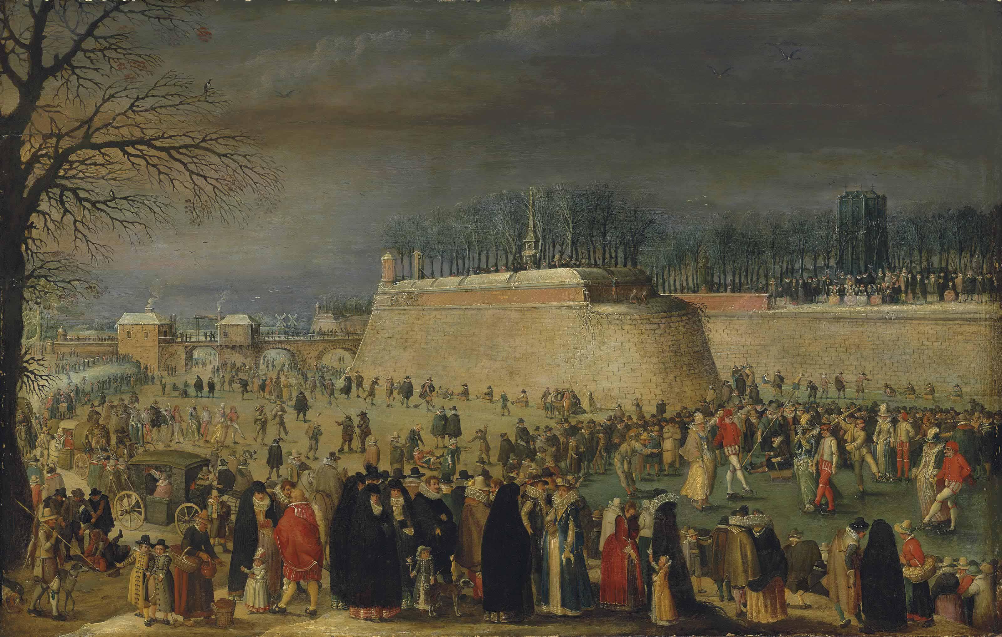 Sebastian Vrancx - A Winter Carnival With Figures On The Ice Before The Kipdorppoort Bastion In Antwerp