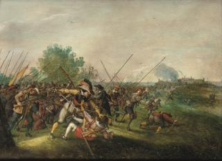 Sebastian Vrancx - Foot soldiers in a battle, a burning village beyond