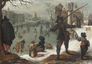 Sebastian Vrancx - Skaters on a frozen waterway in a town