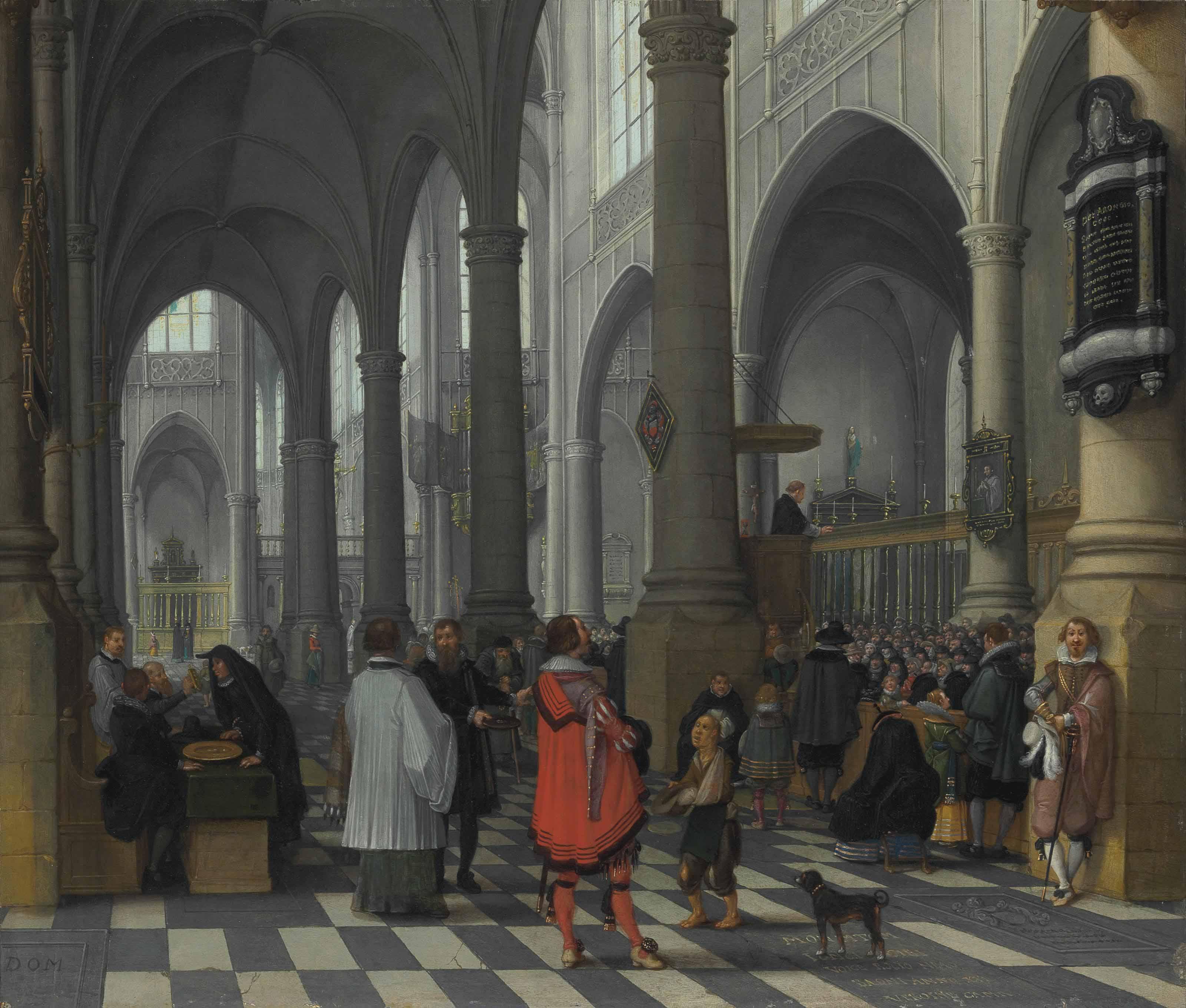 Sebastian Vrancx - The Interior Of The Sint-Jacobskerk, Antwerp, With Elegant Figures And A Mendicant, A Service Taking Place Beyond