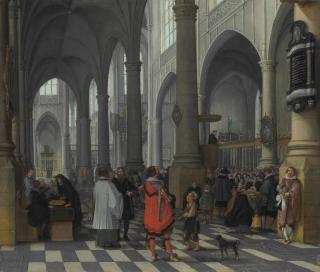 Sebastian Vrancx - The Interior Of The Sint-Jacobskerk, Antwerp, With Elegant Figures And A Mendicant, A Service Taking Place Beyond