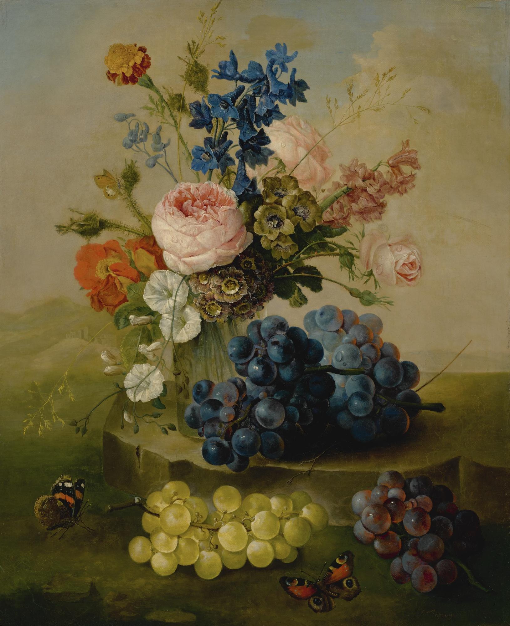 Sebastian Wegmayr - Still Life Of Flowers In A Glass Vase With Grapes, Resting On A Stone Ledge In A Landscape