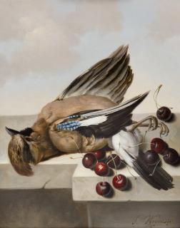 Sebastian Wegmayr - Stillleben mit Eichelhäher und vollreifen Kirschen.