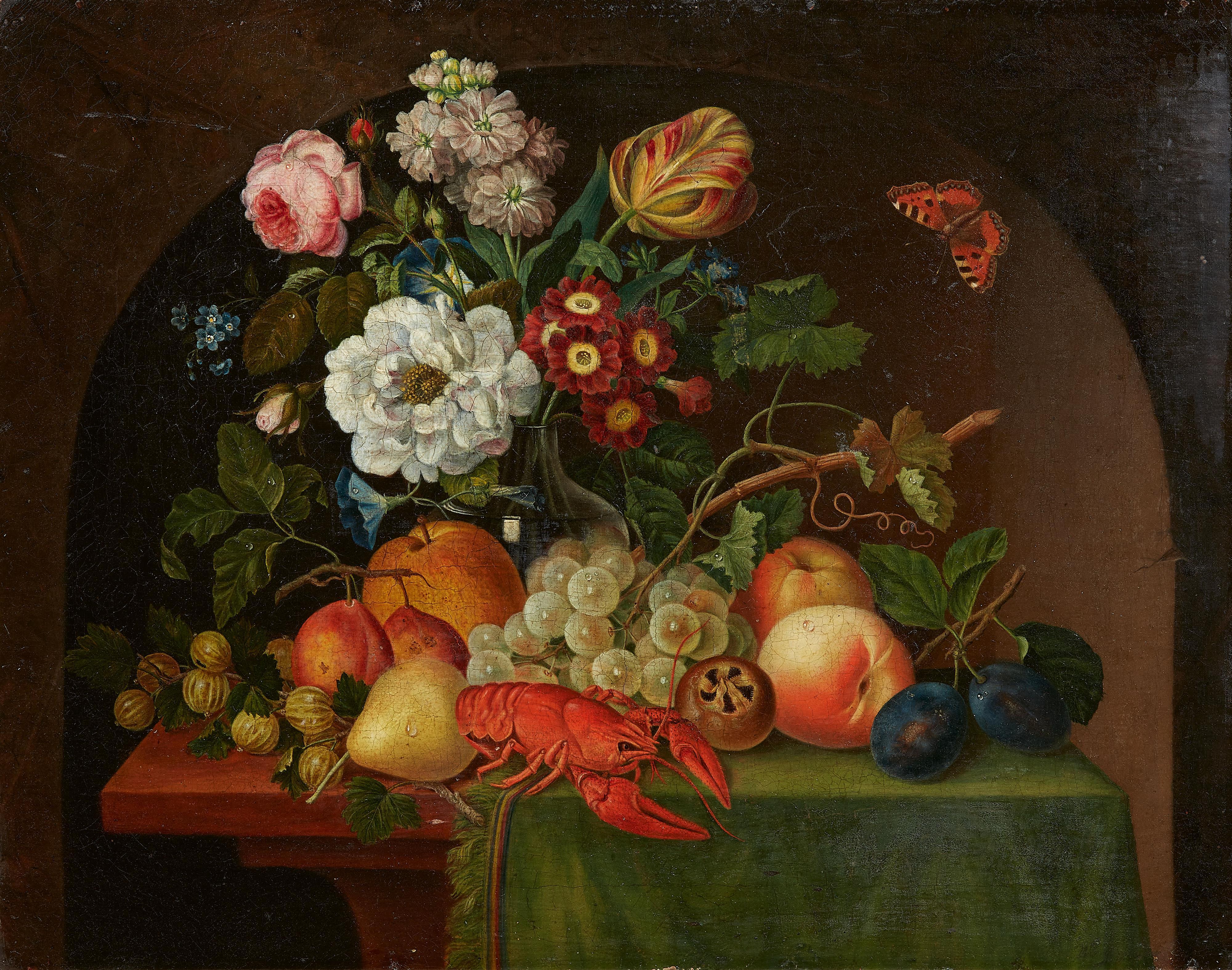 Sebastian Wegmayr - Stillleben mit Hummer, Schmetterling, Früchten und Blumen in einer Glasvase