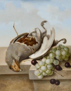 Sebastian Wegmayr - Stillleben mit Trauben, Kirschen und einem Greifvogel.