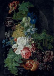 Sebastian Wegmayr - Tulips, irises, morning glories and other flowers in an urn, with grapes and a pomegranate, in a stone niche