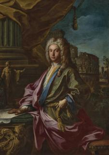 Sebastiano Conca - Portrait of George Parker, 2nd Earl of Macclesfield, PRS, three-quarter-length, standing in front of the Colosseum, right hand resting on a map of Italy, a statue of the Apollo Belvedere on a giltwood and marble table