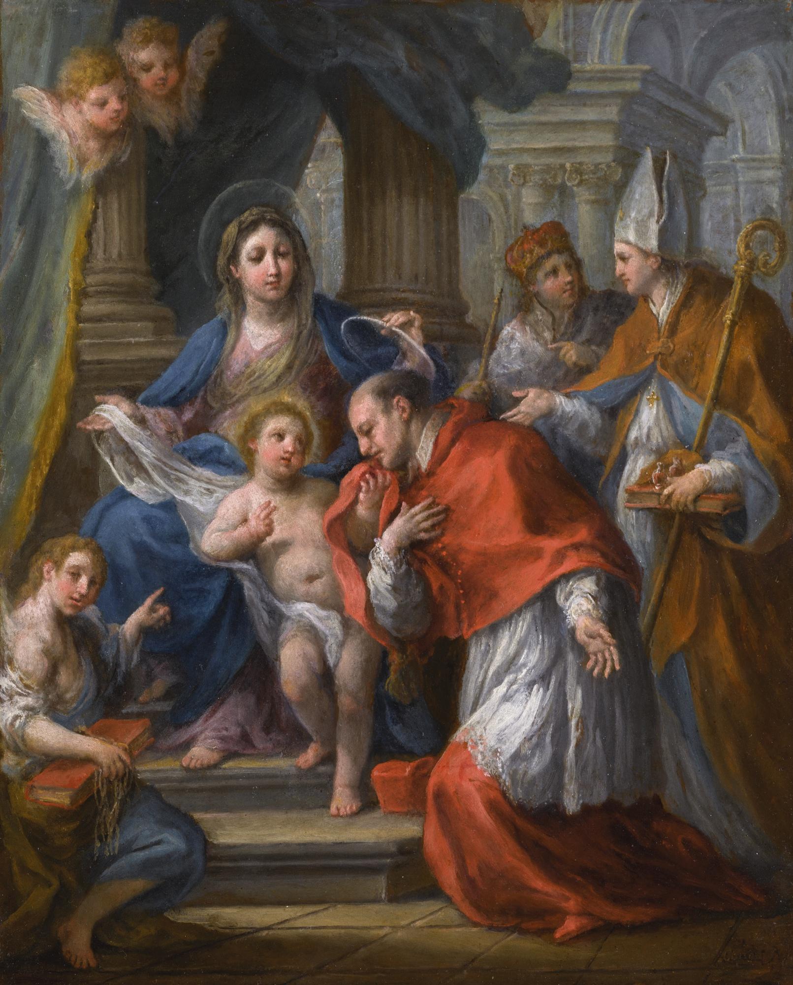 Sebastiano Conca - The Madonna And Child Before Carlo Borromeo, Saint Januarius, And A King (Thought To Be Louis Ix Of France)