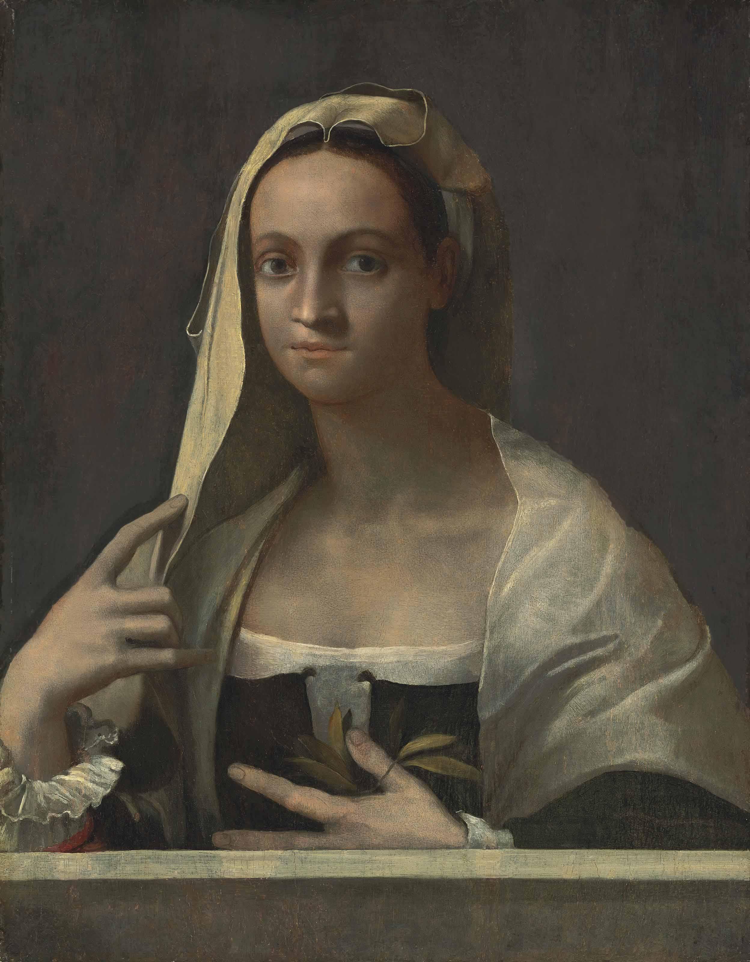 Sebastiano Del Piombo - Portrait of a lady, half-length, in a white shawl and headdress, at a parapet