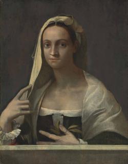 Sebastiano Del Piombo - Portrait of a lady, half-length, in a white shawl and headdress, at a parapet