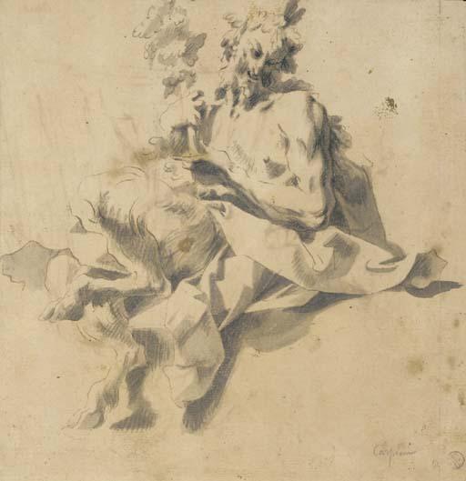 Sebastiano Galeotti - Un faune assis tenant une branche entourée de sarments de vigne vu da sotto da su (recto); Un oriental portant un chapeau avec une étude d\'homme assis (verso)