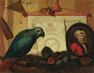 Sebastiano Lazzari - A trompe-l\'oeil still life with a parrot on a book, figs, a portrait miniature of a turbaned man, a navigational chart, a comb and a magnifying glass on a tabletop