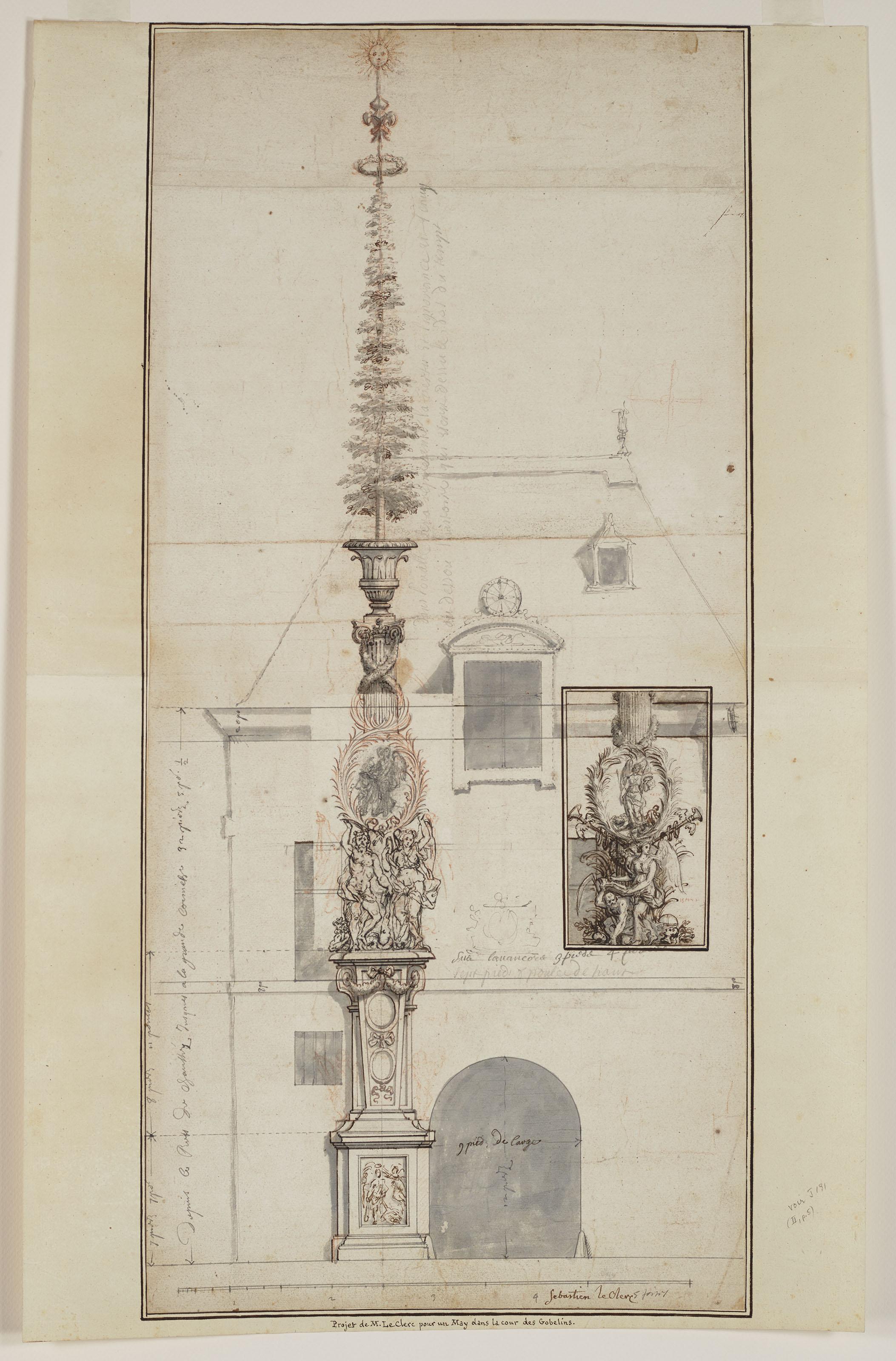 Sébastien Le Clerc - Projet de Mai des Gobelins permanent (recto); Project d\'élévation d\'un arc de triomphe (verso)