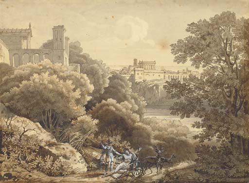Sébastien-Louis-Guillaume Norblin de la Gourdaine - A classical landscape with a city in the background, the death of Hyppolytus in the foreground
