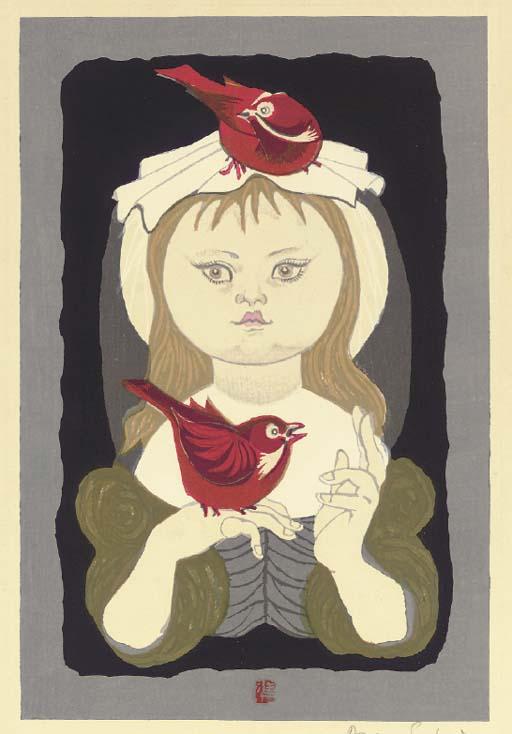 Sekino Jun\'Ichiro - Girl with two cardinals, n.d.  Girl holding rooster, n.d.