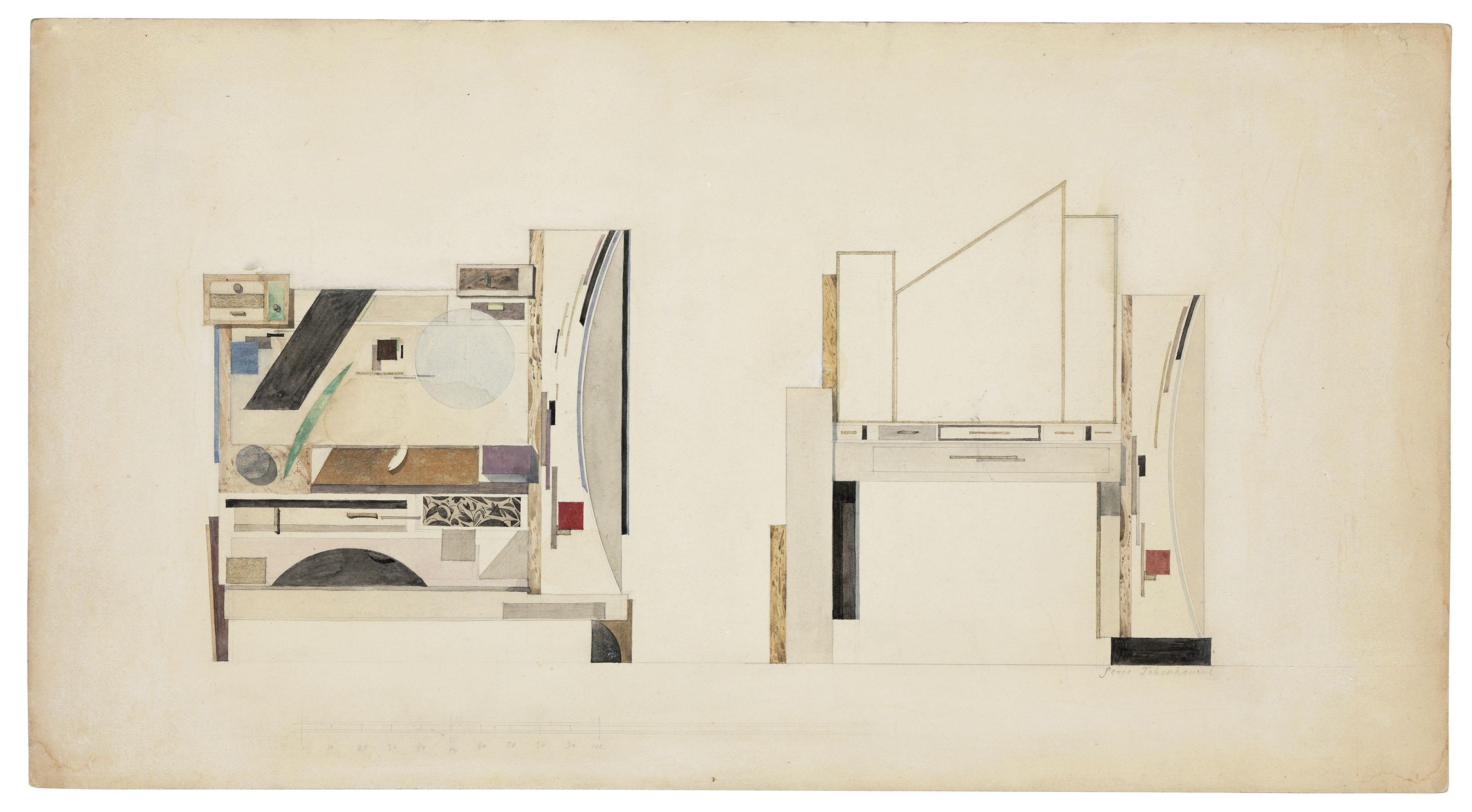 Sergei Chekhonin - Furniture designs, including technical drawings for two dressing tables and a decorative screen; Sundial; and A design for Vogue