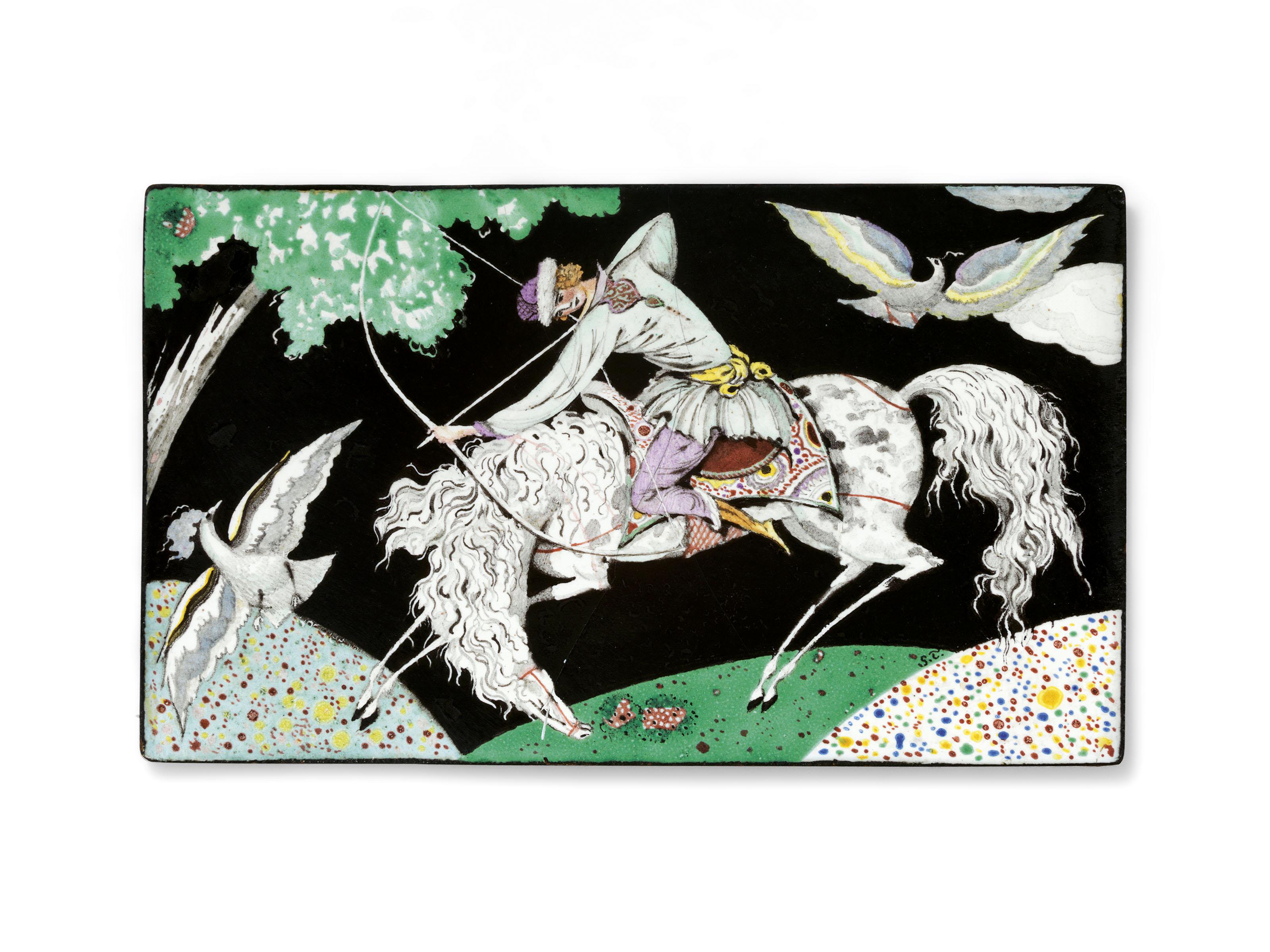 Sergei Chekhonin - Six enamel plaques: Archer; Golfer; and Four floral compositions