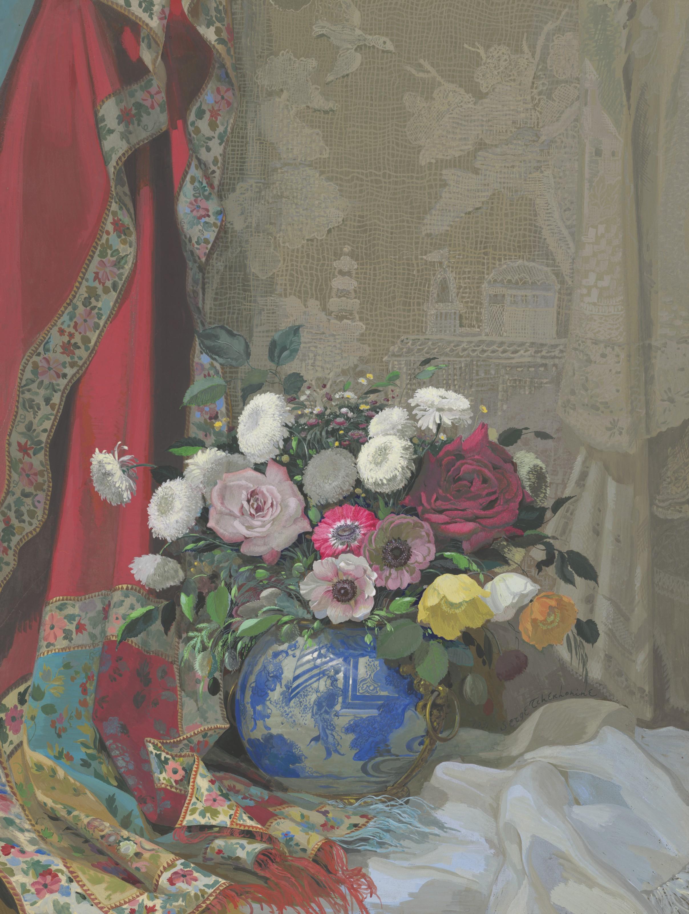 Sergei Chekhonin - Still Life With Roses, Anemones And Chrysanthemums In A Chinese Vase