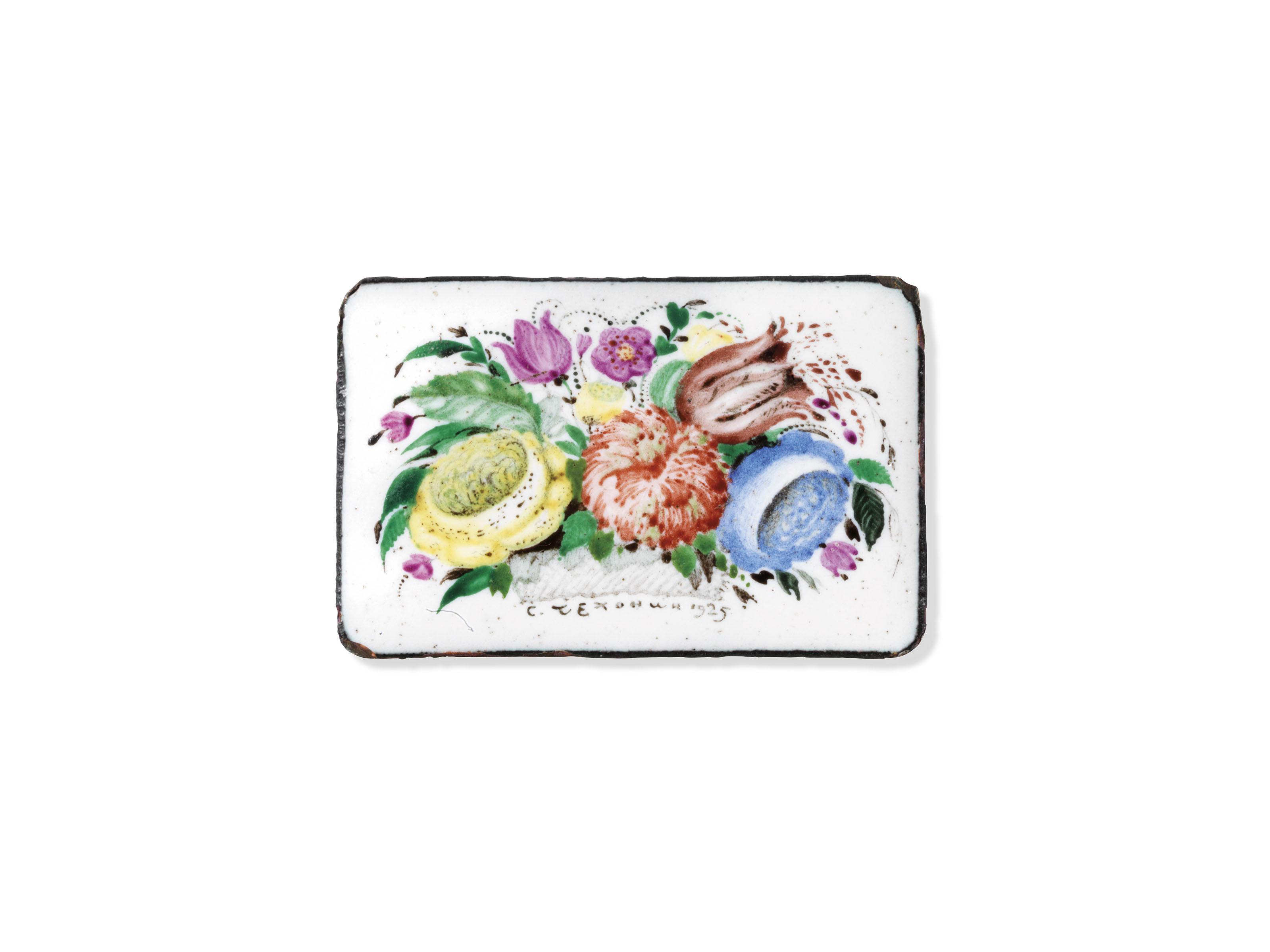 Sergei Chekhonin - Three enamel plaques; A comb set with enamel plaques; and A small box with a design for \'Ruslan and Liudmila\'