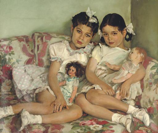 Sergei Petrovich Ivanov - Portrait of two young girls with dolls