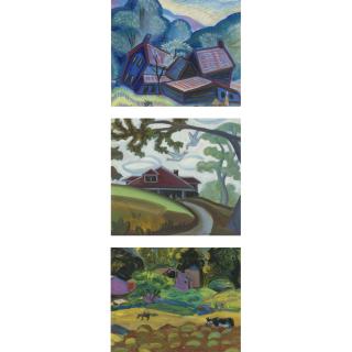 Sergei Soudeikine - Russian Blue Houses, House On A Hill, Cows In A Pasture: A Group Of Three Paintings